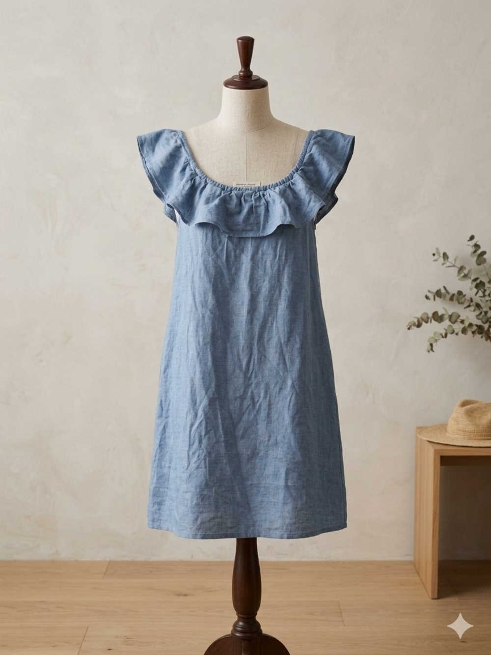 Blue Ruffle Neck Sleeveless Dress